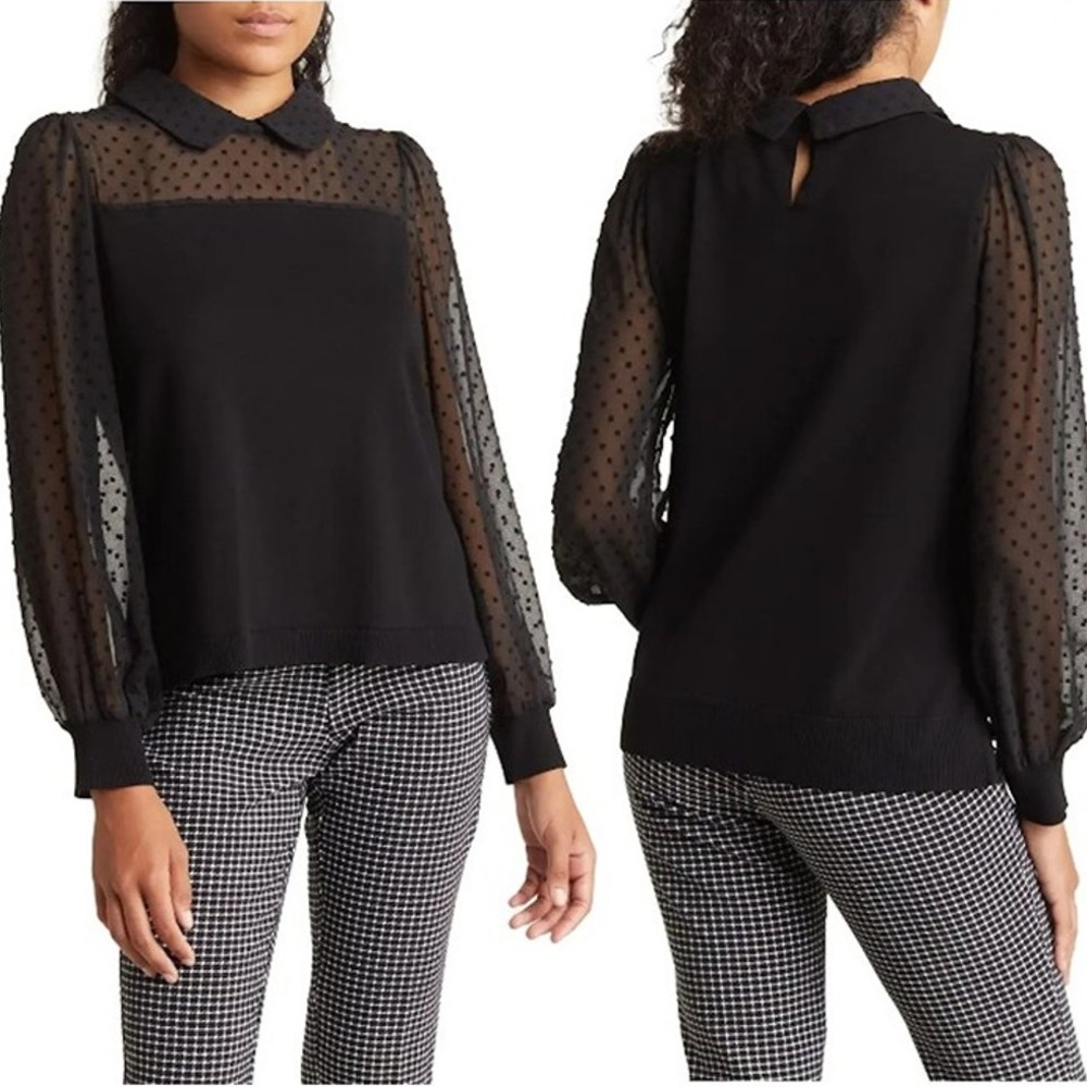 Adrianna Papell Peter Pan Mesh Long Sleeve Blouse Black Size M
